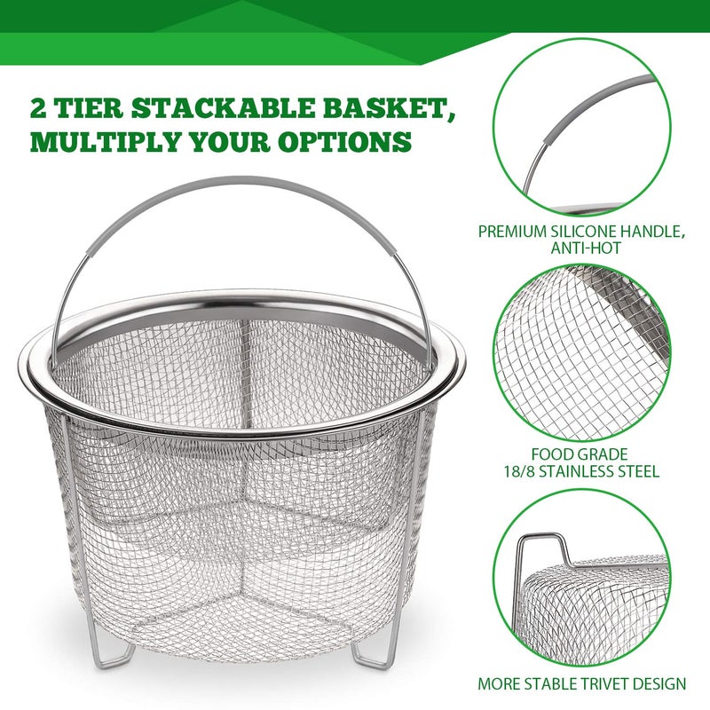 AOZITA Steamer Basket for Instant Pot Accessories 6 qt or 8 quart - 2 Tier Stackable 18/8 Stainless Steel Mesh - Silicone Handle - Vegetable Steamer Insert, Egg Basket, Pasta Strainer,Silver - Image 2