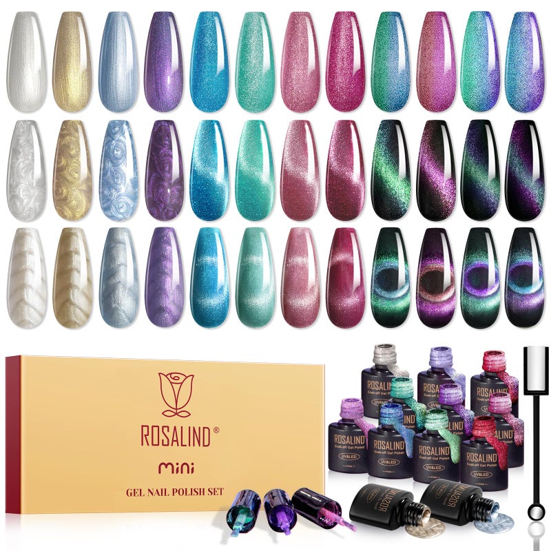 ROSALIND Cat Eye Gel Nail Polish with Magnet, 12 PCS Holographic Glitter Purple Blue Red Gel Polish Magnetic and Swirl Shell Thread Effect Sparkle Nail Polish Cateye Gifts for Women - Image 1