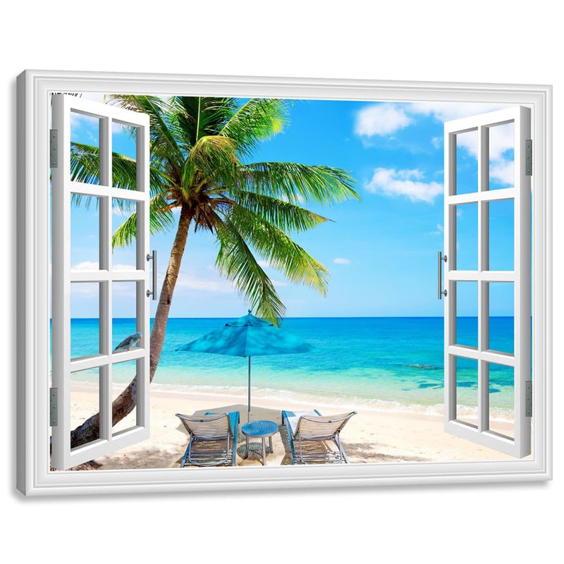 Woxfcart Beach Palm Tree Wall Art Ocean Scene Picture with Window Prints for Blue Teal Living Room Decor 36 x 24 - Image 1