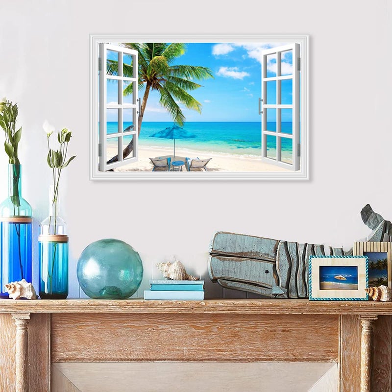 Woxfcart Beach Palm Tree Wall Art Ocean Scene Picture with Window Prints for Blue Teal Living Room Decor 36 x 24 - Image 2