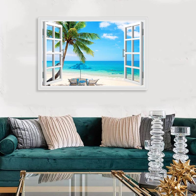 Woxfcart Beach Palm Tree Wall Art Ocean Scene Picture with Window Prints for Blue Teal Living Room Decor 36 x 24 - Image 3