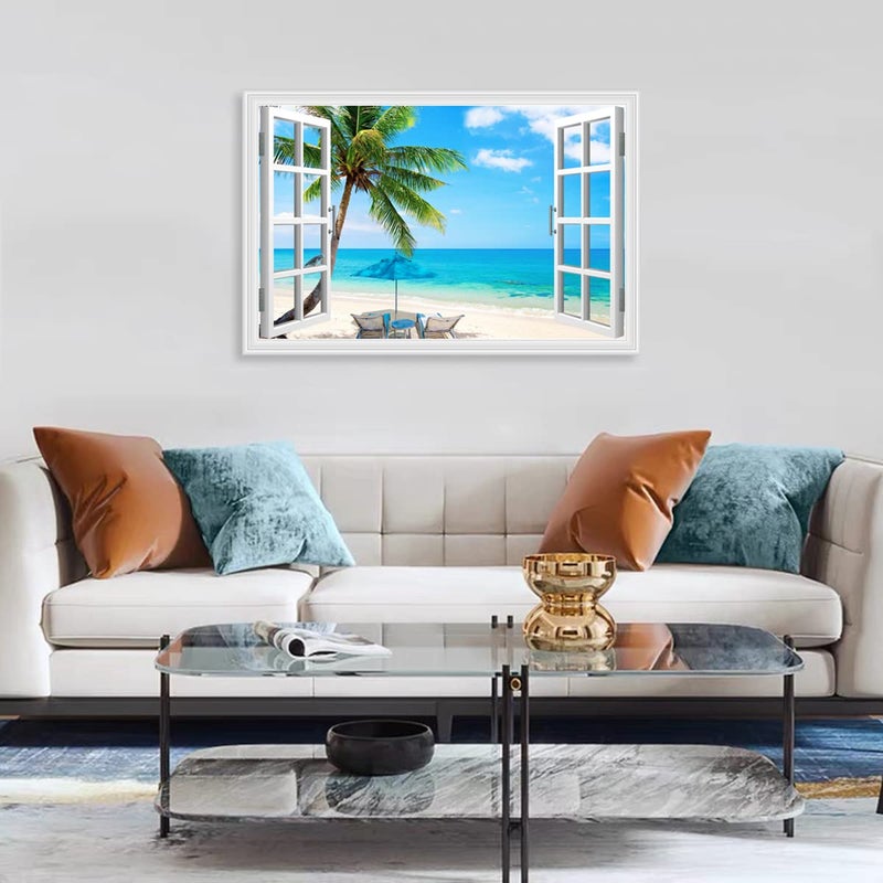 Woxfcart Beach Palm Tree Wall Art Ocean Scene Picture with Window Prints for Blue Teal Living Room Decor 36 x 24 - Image 5