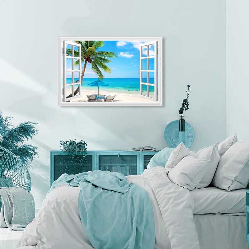Woxfcart Beach Palm Tree Wall Art Ocean Scene Picture with Window Prints for Blue Teal Living Room Decor 36 x 24 - Image 4