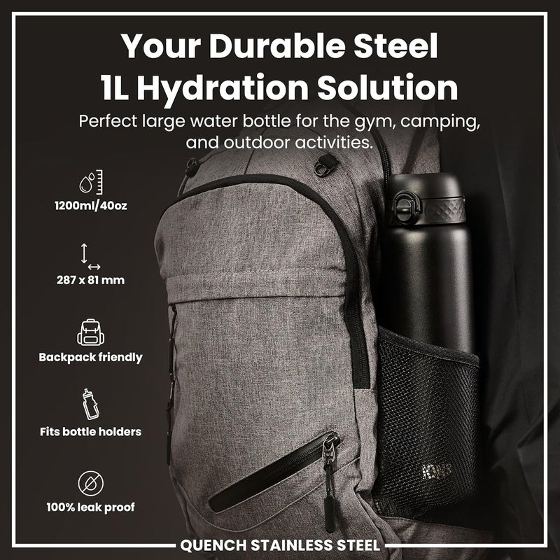 ION8 Lightweight 1 Litre Steel Water Bottle, Non-Insulated, Leak Proof, Easy to Open, Secure Lock, Dishwasher Safe, Flip Cover, Carry Handle, Ideal for Travel & Active Lifestyles - Image 1