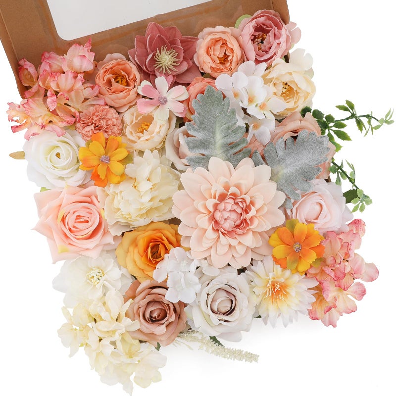 Floweroyal Artificial Flowers Combo Champagne Flowers Mix Silk Flowers Dahlia Roses with Stems for DIY Wedding Bridal Bouquets, Baby Shower, Floral Arrangement, Table Centerpieces, Home Decorations. - Image 1