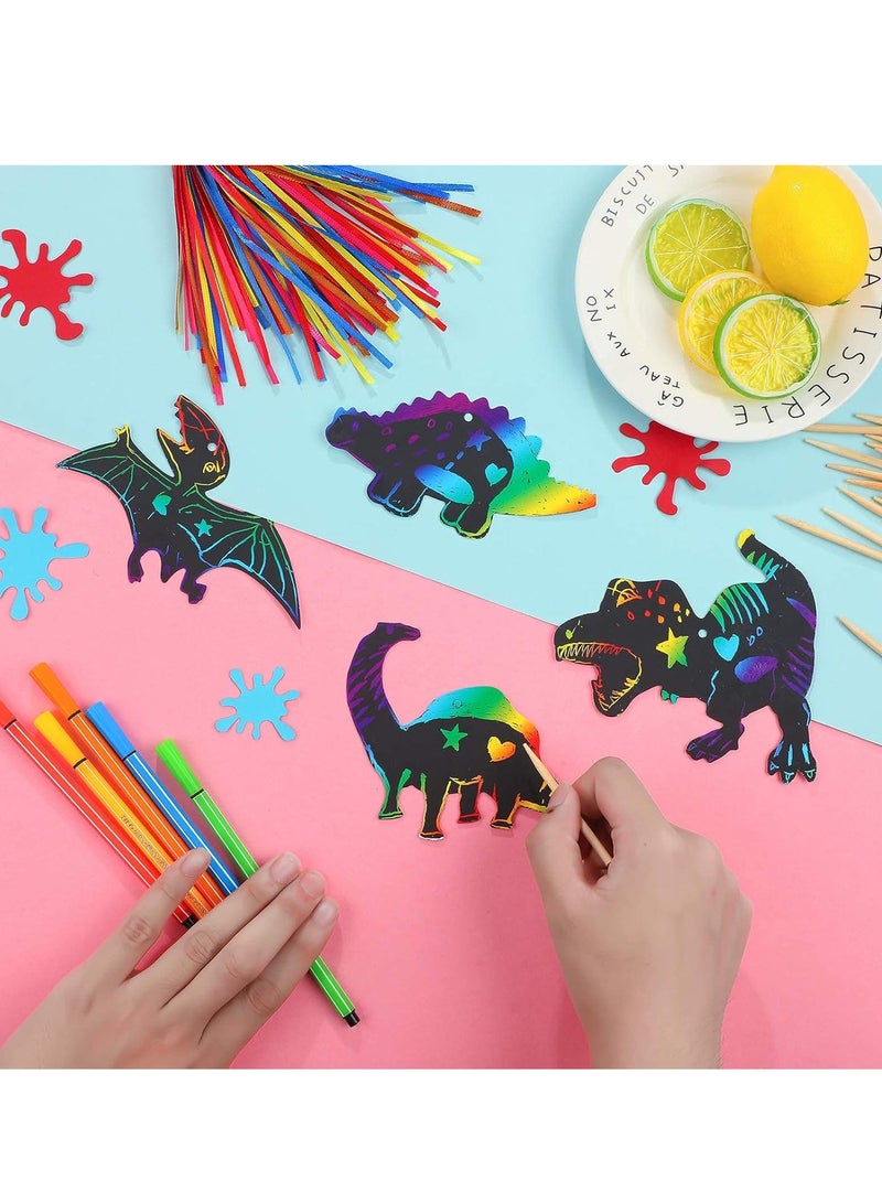 KASTWAVE 48 Pieces Scratch Dinosaur Paper Rainbow Scratch Paper Dinosaur Craft Art Kits with 24 Pieces Wooden Styluses and 48 Pieces Ribbons for Dinosaur Birthday Party Game Supplies - Image 4