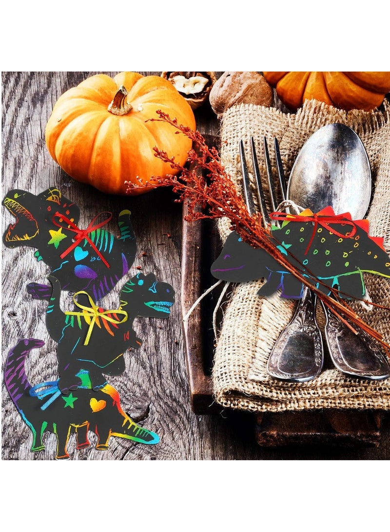 KASTWAVE 48 Pieces Scratch Dinosaur Paper Rainbow Scratch Paper Dinosaur Craft Art Kits with 24 Pieces Wooden Styluses and 48 Pieces Ribbons for Dinosaur Birthday Party Game Supplies - Image 5