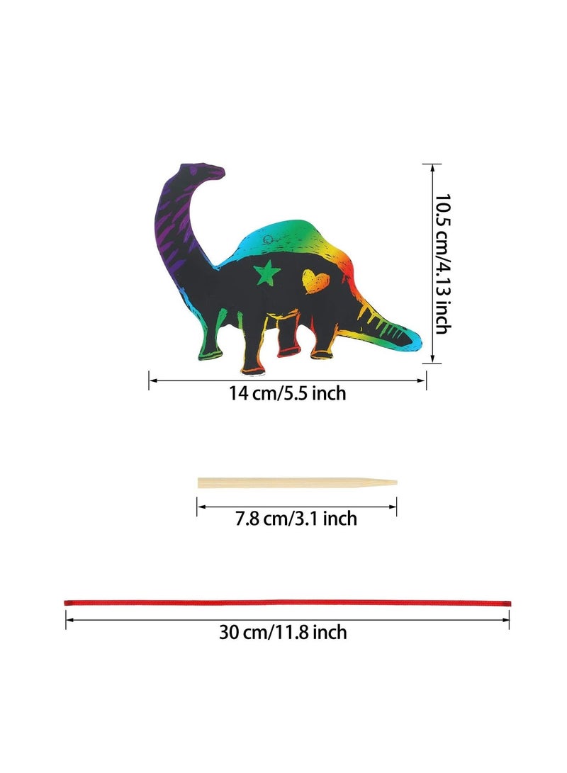 KASTWAVE 48 Pieces Scratch Dinosaur Paper Rainbow Scratch Paper Dinosaur Craft Art Kits with 24 Pieces Wooden Styluses and 48 Pieces Ribbons for Dinosaur Birthday Party Game Supplies - Image 2