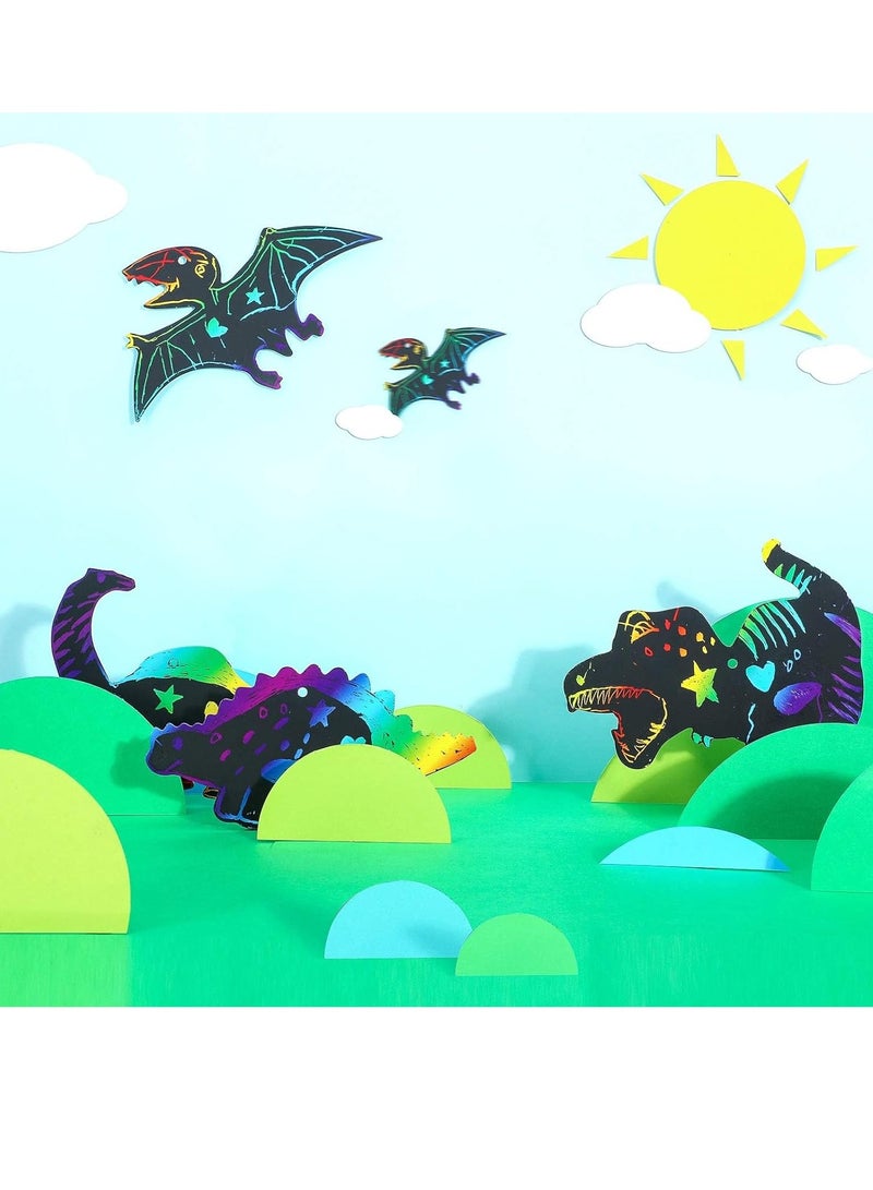 KASTWAVE 48 Pieces Scratch Dinosaur Paper Rainbow Scratch Paper Dinosaur Craft Art Kits with 24 Pieces Wooden Styluses and 48 Pieces Ribbons for Dinosaur Birthday Party Game Supplies - Image 3