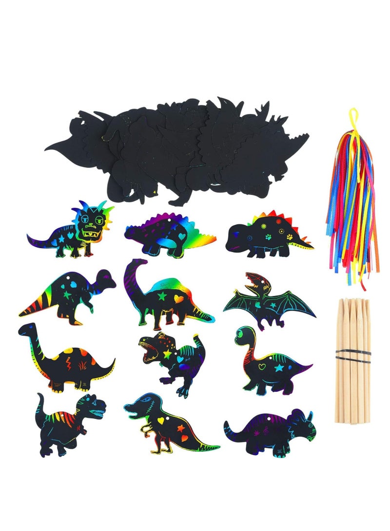 KASTWAVE 48 Pieces Scratch Dinosaur Paper Rainbow Scratch Paper Dinosaur Craft Art Kits with 24 Pieces Wooden Styluses and 48 Pieces Ribbons for Dinosaur Birthday Party Game Supplies - Image 1