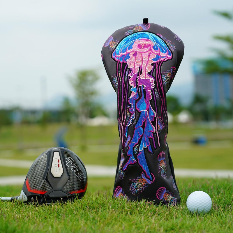 LZFAN Golf Club Head Covers Driver Fairway Wood Hybrid Golf Club Headcover Leather Protector Heavy Embroidered Colorful Jellyfish (Driver) - Image 4