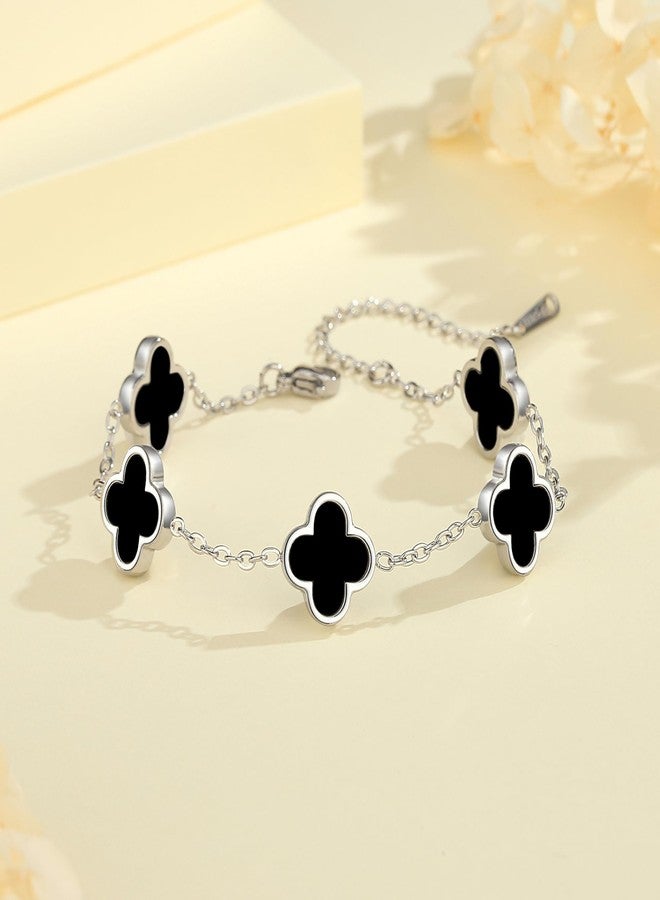 HAITTY 18K Gold/Silver Plated Clover Bracelet Set for Women, White/Black Adjustable Link Double-Sided Lucky Bracelets, Trendy Cute Bracelets Set Jewelry Gifts for Women Men (Silver White + Silver - Image 5
