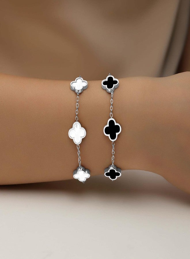 HAITTY 18K Gold/Silver Plated Clover Bracelet Set for Women, White/Black Adjustable Link Double-Sided Lucky Bracelets, Trendy Cute Bracelets Set Jewelry Gifts for Women Men (Silver White + Silver - Image 3