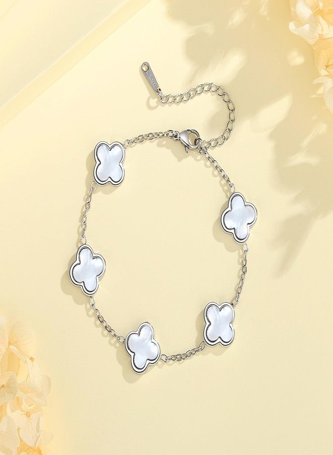 HAITTY 18K Gold/Silver Plated Clover Bracelet Set for Women, White/Black Adjustable Link Double-Sided Lucky Bracelets, Trendy Cute Bracelets Set Jewelry Gifts for Women Men (Silver White + Silver - Image 4