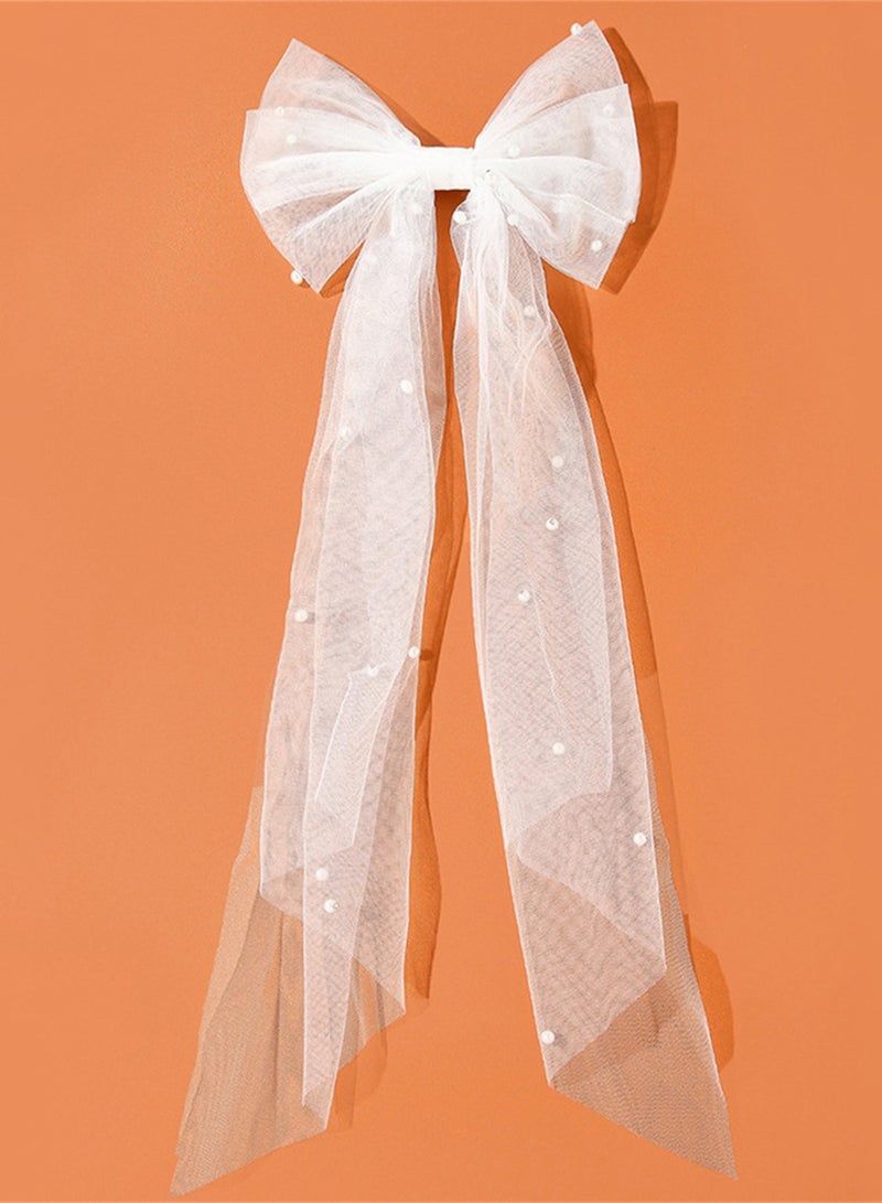 Bridal Hair Bow Veil Hair Clip,Veil Hairpins with Pearl Mesh Bow Hair Clips（White） - Image 1