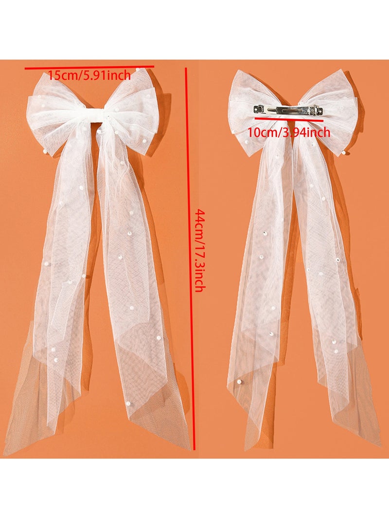 Bridal Hair Bow Veil Hair Clip,Veil Hairpins with Pearl Mesh Bow Hair Clips（White） - Image 2