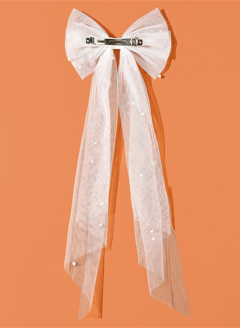 Bridal Hair Bow Veil Hair Clip,Veil Hairpins with Pearl Mesh Bow Hair Clips（White） - Image 5