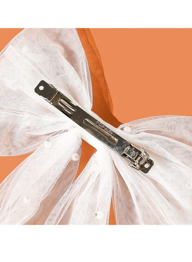 Bridal Hair Bow Veil Hair Clip,Veil Hairpins with Pearl Mesh Bow Hair Clips（White） - Image 4