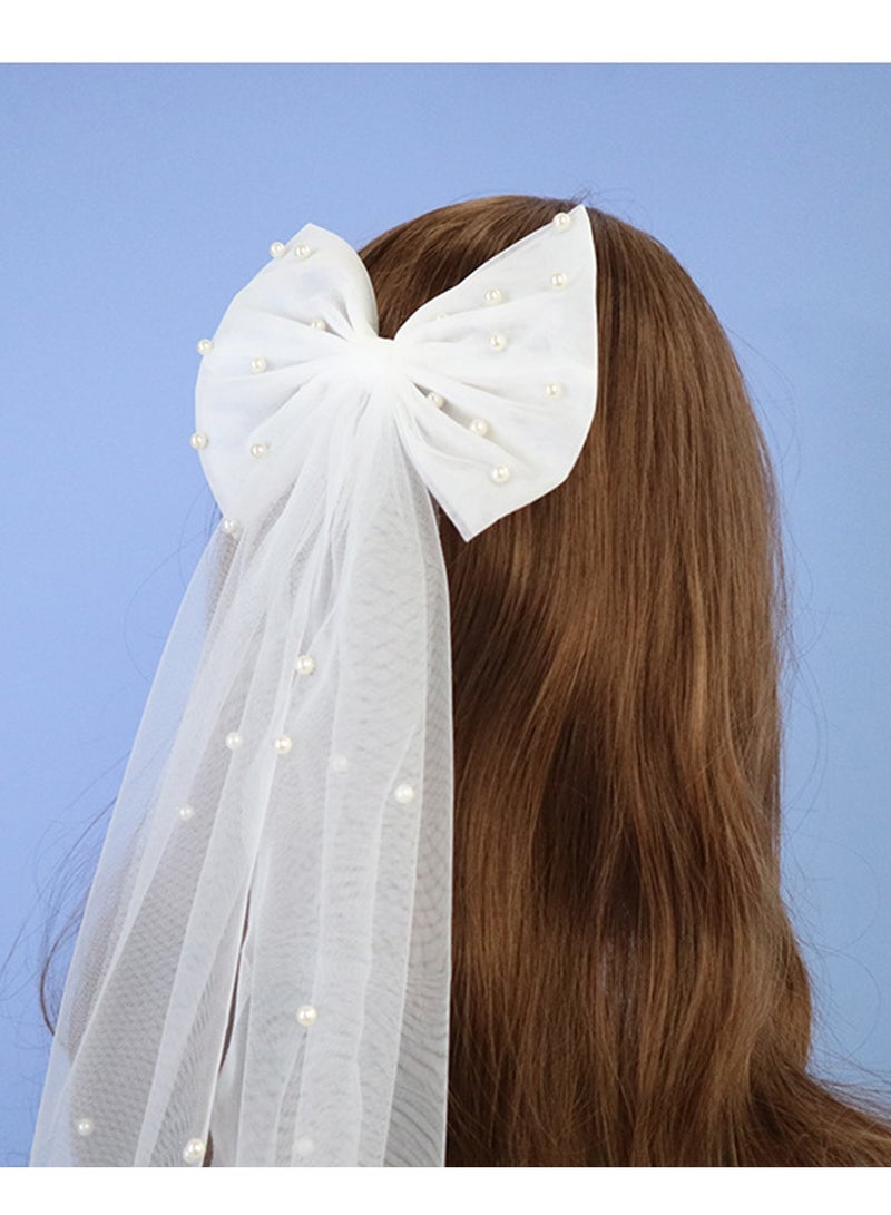 Bridal Hair Bow Veil Hair Clip,Veil Hairpins with Pearl Mesh Bow Hair Clips（White） - Image 3