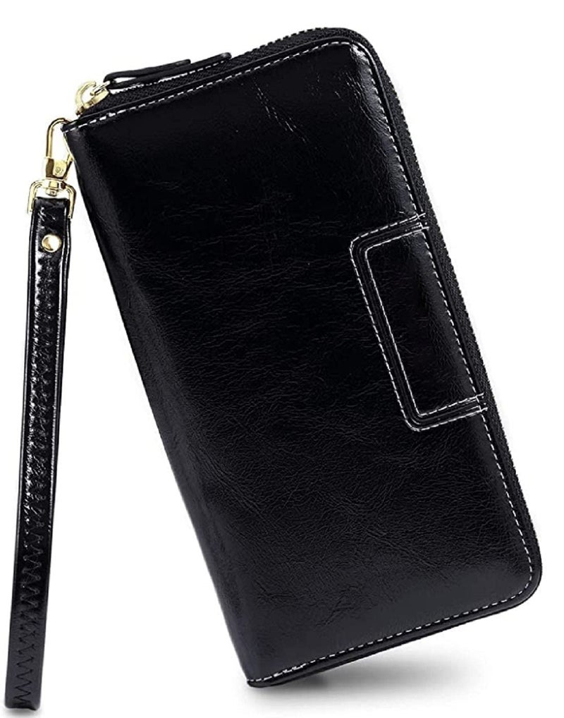 Contacts Wristlet Wallets for Women with RFID Protection | Ladies Leather Clutch/Wallet | Large Capacity Zipper Purse/Card Holder Organizer for Women (Black) - Image 1