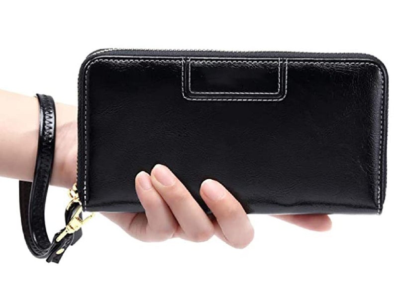 Contacts Wristlet Wallets for Women with RFID Protection | Ladies Leather Clutch/Wallet | Large Capacity Zipper Purse/Card Holder Organizer for Women (Black) - Image 2