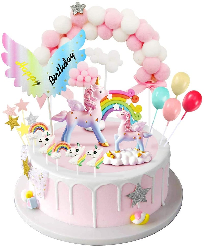 iZoeL Unicorn Cake Topper, Birthday Cake Decoration, 1 Pink Hairball Arch 1 Rainbow 1Happy Birthday Banner 2 Clouds 4 Balloons 10 Stars 3 Little Unicorns For Girl Kid Women Birthday Party - Image 1