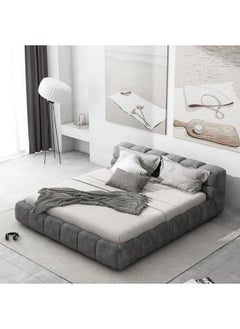 Poppins Home Modern Fabric Upholstered Bed Frame  Queen/King Size with Grey Square Headboard  - Image 1