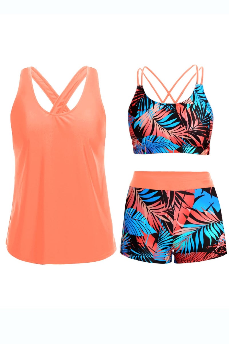 Holipick Orange and Leaves 3 Piece Tankini Swimsuits for Women Tummy Control Bathing Suits Swim Tank Top with Bra Boy Shorts Teen Swimwear XL - Image 1