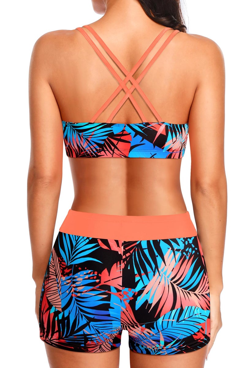 Holipick Orange and Leaves 3 Piece Tankini Swimsuits for Women Tummy Control Bathing Suits Swim Tank Top with Bra Boy Shorts Teen Swimwear XL - Image 4