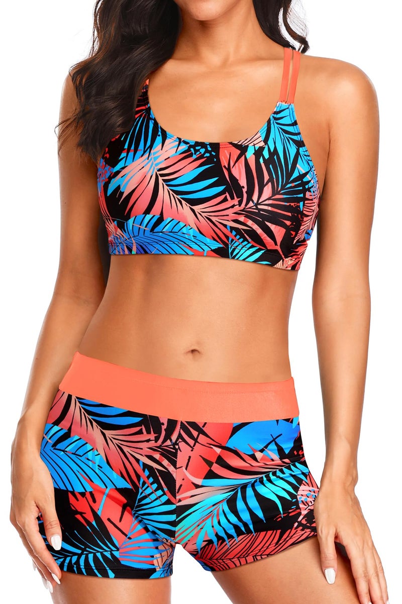 Holipick Orange and Leaves 3 Piece Tankini Swimsuits for Women Tummy Control Bathing Suits Swim Tank Top with Bra Boy Shorts Teen Swimwear XL - Image 2