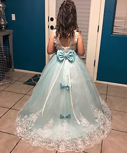 WDE Princess Aqua Long Girls Pageant Dresses Kids Prom Puffy Tulle Ball Gown US 8 - Image 4