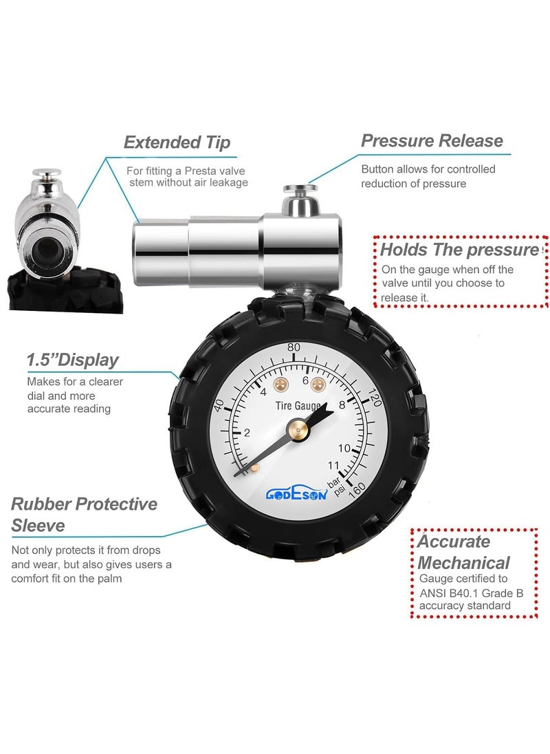 GODESON GODESON Presta Valve BicycleTire Pressure Gauge 0-160psi and 0-11bar  - Image 2