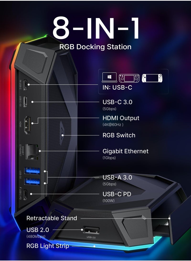 SYOSI - قاعدة توصيل Steam Deck، 8 في 1 بمنفذ USB C مع منفذ HDMI بدقة 4K بمعدل 60 هرتز، ومنفذ Gigabit Ethernet، ومنفذ USB-C 3.0، ومنفذ USB-A 3.0 مزدوج، ومنفذ USB 2.0، وشحن USB-C بقوة 100 وات - HB080 - Image 1