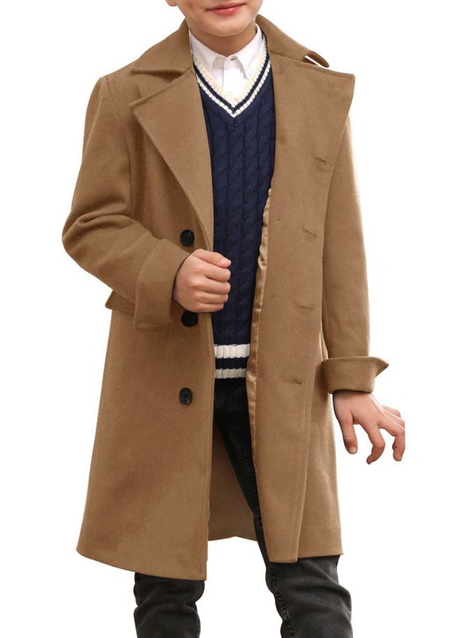 Ebifin Boys Notch Lapel Double Breasted Long Trench Coat Casual Classic Peacoat, Brown, 9-10 Years - Image 3