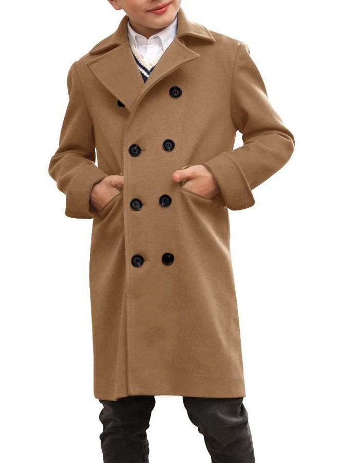 Ebifin Boys Notch Lapel Double Breasted Long Trench Coat Casual Classic Peacoat, Brown, 9-10 Years - Image 2