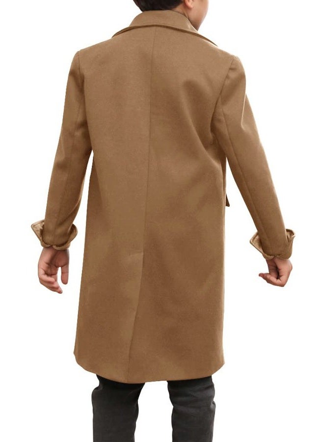 Ebifin Boys Notch Lapel Double Breasted Long Trench Coat Casual Classic Peacoat, Brown, 9-10 Years - Image 5