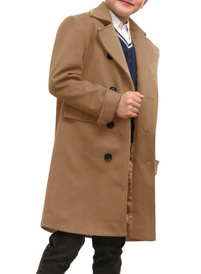 Ebifin Boys Notch Lapel Double Breasted Long Trench Coat Casual Classic Peacoat, Brown, 9-10 Years - Image 4