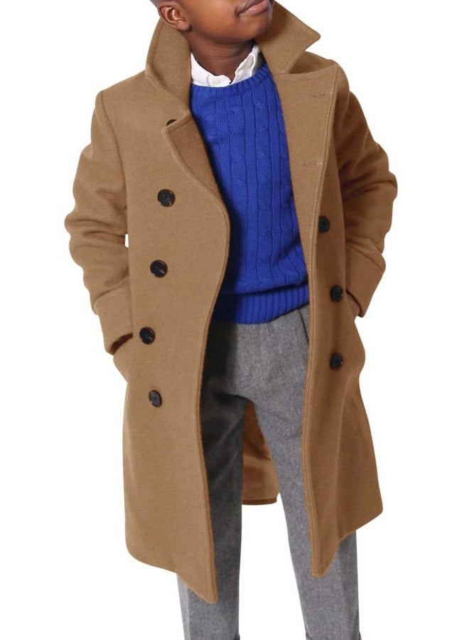 Ebifin Boys Notch Lapel Double Breasted Long Trench Coat Casual Classic Peacoat, Brown, 9-10 Years - Image 1