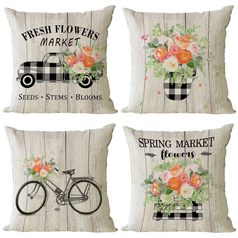 Spring Throw Pillow Covers 18x18 Set of 4 Floral Pillow Covers Spring Summer Decorative Pillow Covers Truck Biycle Flower Cushion Covers Pillow Cases for Home Outdoor Sofa Couch Decorations 18 inch