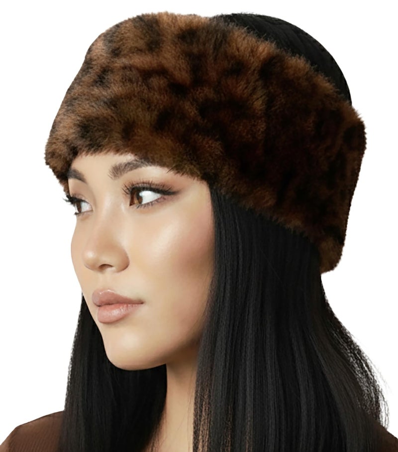 Funky Junque Fuzzy Headbands for Women â€“ Fluffy Faux Fur Ear Warmer Head band, Warm Winter Furry Ear Muff Head Wrap Cozy Fit - Leopard - Brown - Image 1