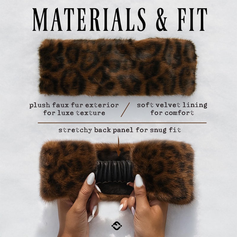 Funky Junque Fuzzy Headbands for Women â€“ Fluffy Faux Fur Ear Warmer Head band, Warm Winter Furry Ear Muff Head Wrap Cozy Fit - Leopard - Brown - Image 3