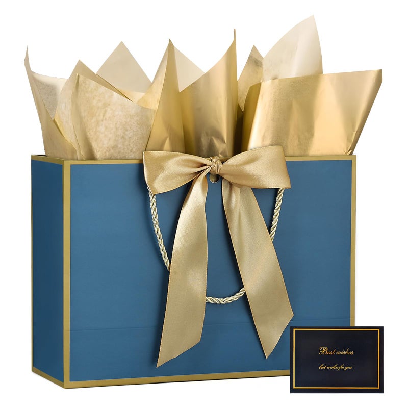 JMANNI Gift Bags Large with Ribbon and 1 Greeting Cards 2 Tissue Paper, Portable Paper Gift Bag with Handles, Birthday, Present Bags for Wedding Party Mothers Day. 12.6''X9.84''X4''(GoldenBlue) - Image 1