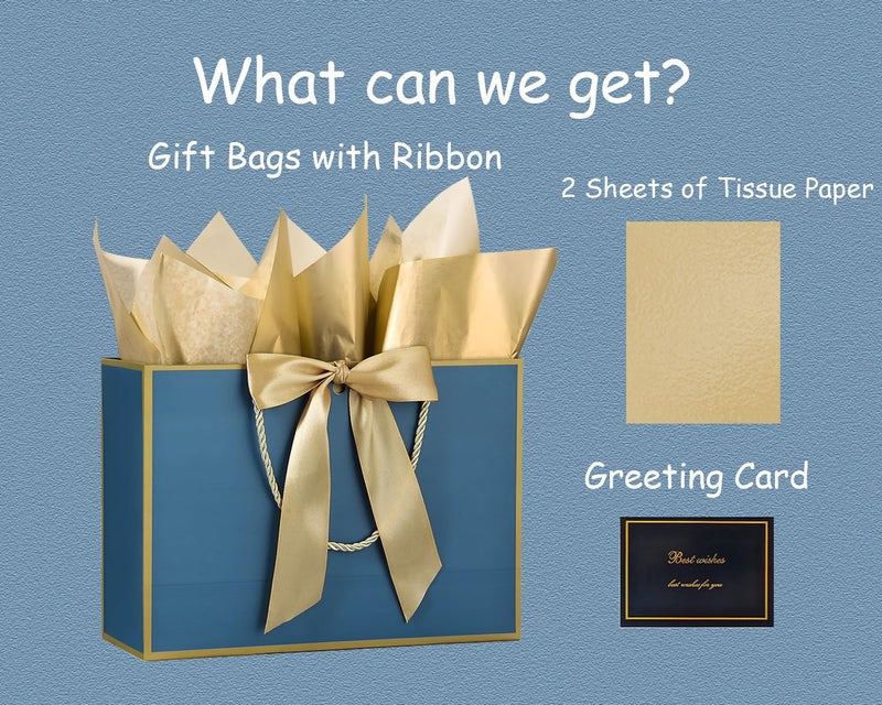 JMANNI Gift Bags Large with Ribbon and 1 Greeting Cards 2 Tissue Paper, Portable Paper Gift Bag with Handles, Birthday, Present Bags for Wedding Party Mothers Day. 12.6''X9.84''X4''(GoldenBlue) - Image 2