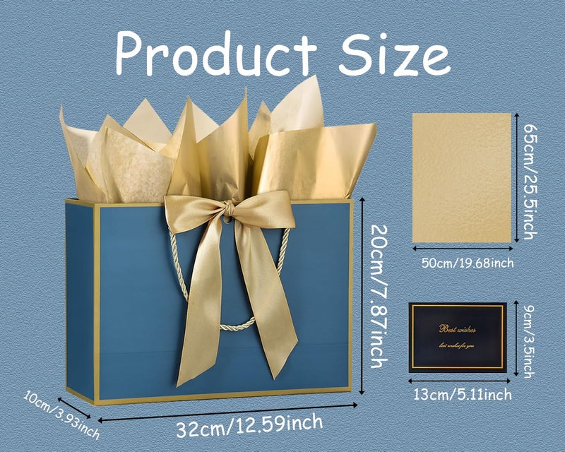 JMANNI Gift Bags Large with Ribbon and 1 Greeting Cards 2 Tissue Paper, Portable Paper Gift Bag with Handles, Birthday, Present Bags for Wedding Party Mothers Day. 12.6''X9.84''X4''(GoldenBlue) - Image 4