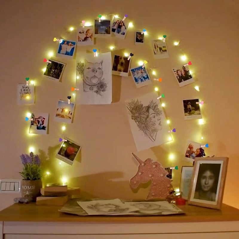 Infiprises 100 LED Fairy String Lights with 20 MultiColor Heart Clips 3AAA Battery Powered Photo String Lights with Clip for Hanging Pictures Birthday Decoration Festival Wedding Party for Home - Image 1