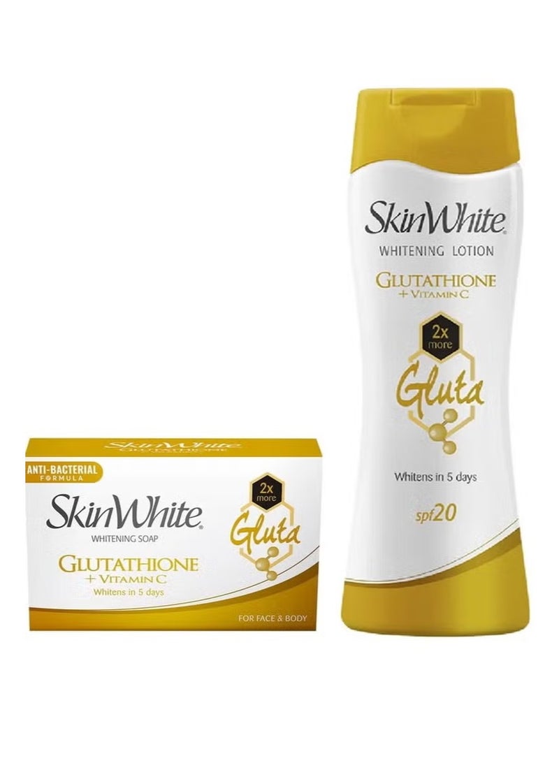 سكين وايت لوشن تبييض الجلوتاثيون + فيتامين سي بعامل 20 حماية من الشمس 100مل & صابون الجلوتاثيون + فيتامين سي 90 جرام