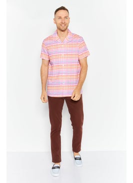 Asos Design Men Notched Collar Short Sleeves Checkered Casual Shirt, Pink Combo  - Image 2