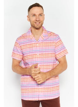 Asos Design Men Notched Collar Short Sleeves Checkered Casual Shirt, Pink Combo  - Image 1