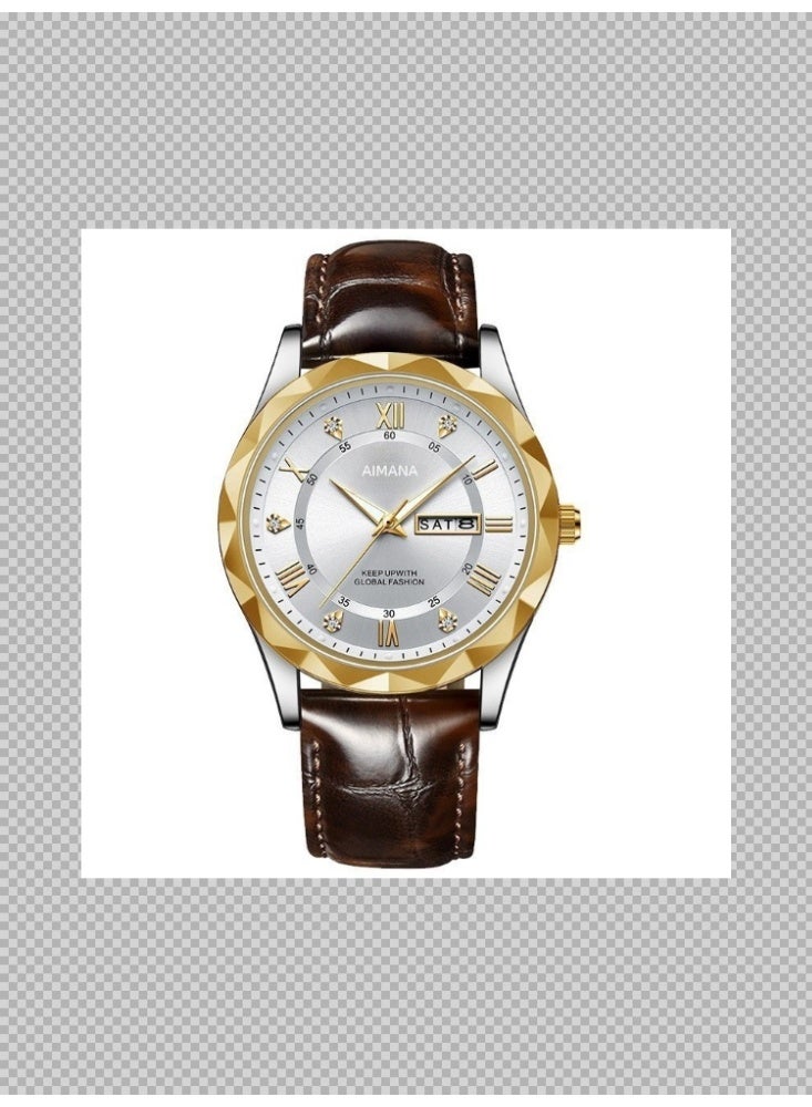 New Men's Fashion Watch – Waterproof, Luminous, Dual Calendar, Diamond-Shaped Dial, Leather Strap 