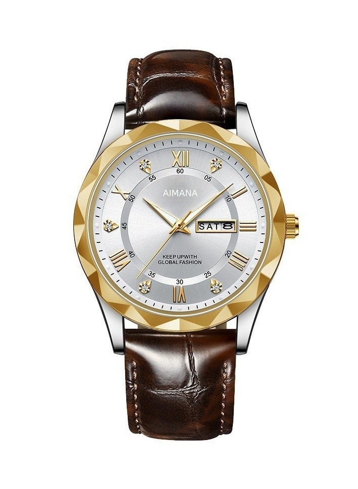 AIMANA Men's Watch Luxurious Silver & Gold Multi-Faceted Watch with Diamond Accents and Brown Leather Strap – Perfect for Every Occasion - Image 1